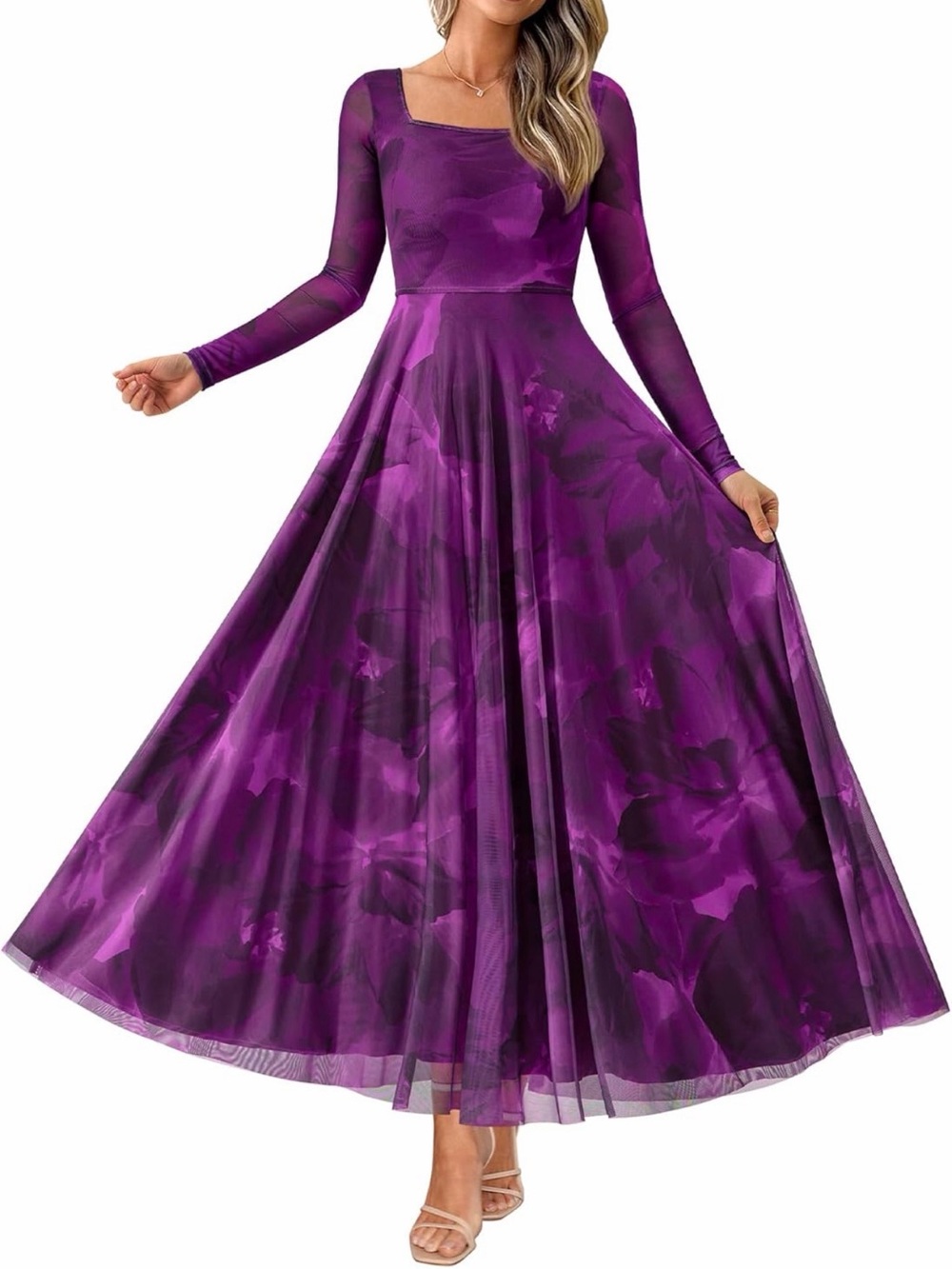 NWOT Women's Long Sleeve Purple Floral Maxi Dress with Square Neck, XL